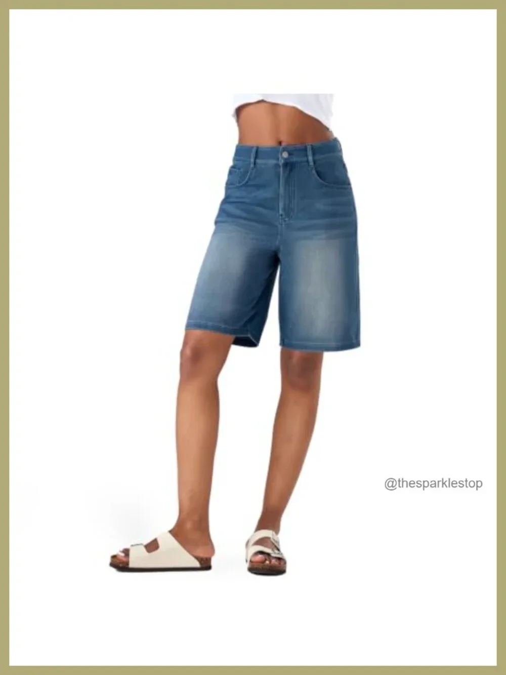 High Waisted Stretch Denim Bermuda Shorts, Wide Leg Loose Fit Knee Length with